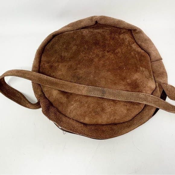 Vintage Round Brown Tan Ivory Suede Fur Flower Boho Hippie Festival Purse 15” - Picture 6 of 8